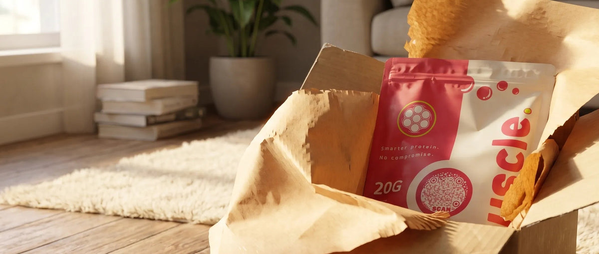 A brown cardboard box on a wooden floor in a bright living room, filled with crumpled brown paper and a pink and white bag of Muscle food.