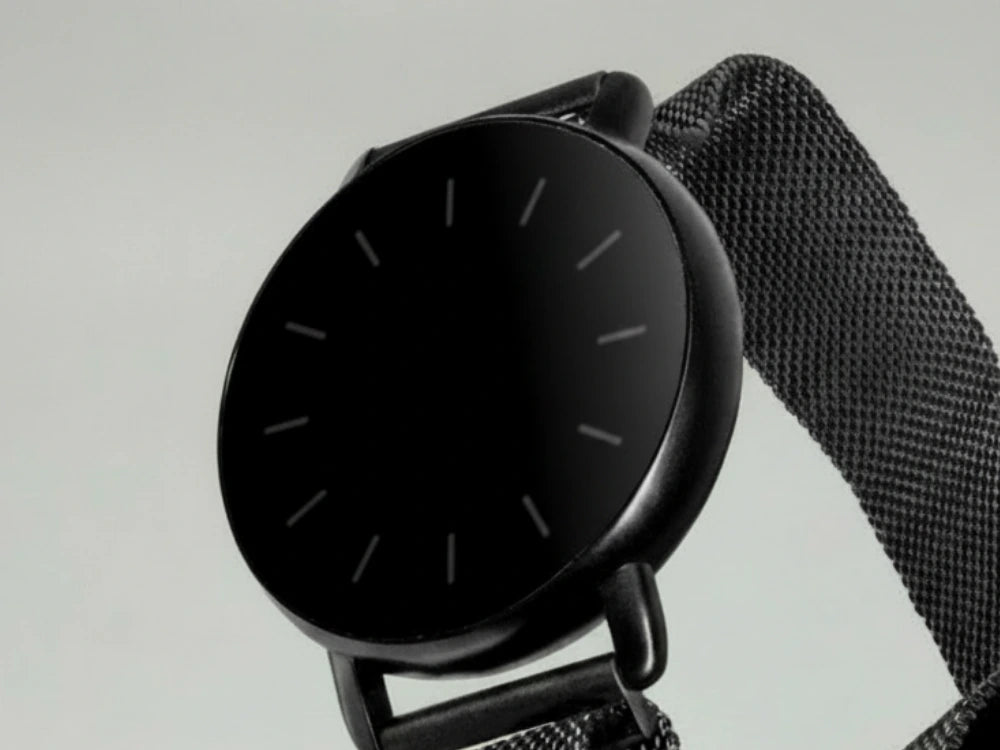Black smartwatch with a mesh strap on a light gray background